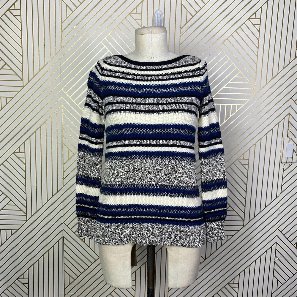 Vince Textured Stripe Wool Sweater in Blue Cream Black Size US XXS